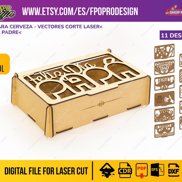 Día del padre Caja para cerveza español con compartimentos glowforge corte láser planos cnc espesor 2,5-3 y 4 mm, DXF CDR