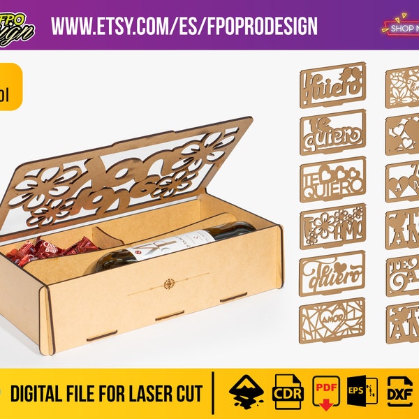 Caja de madera para vino, 12 diseños español, regalos de ocasiones especiales, frases de amor, archivo vectorial corte láser 3mm, 4mm