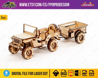 Off road war vehicle 4x4  files laser cut playwood wood mdf 3mm chipboard truck 3d model to assemble Laser Cut 3D Puzzle DIY png svg dfx