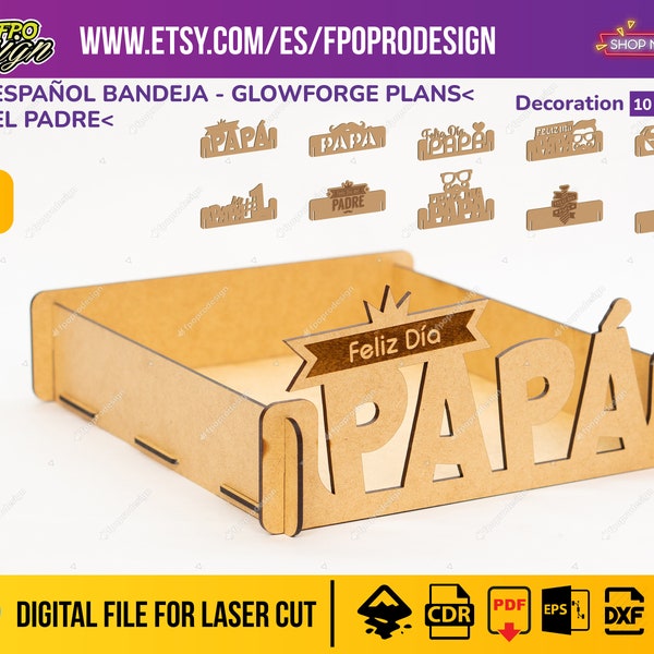 Pk2-ES Día del padre Caja de madera vector corte láser tipo bandeja para regalo chocolates dulces con frases de te amo día papá svg eps dfx