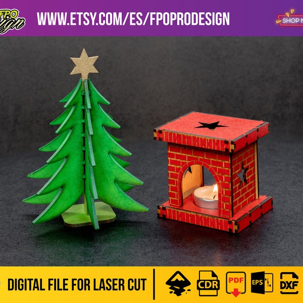 Kominek i choinka, dekoracja, kominek na świecę, cięcie laserowe, pliki, lampa laserowa, prezent na Boże Narodzenie, wektory SVG