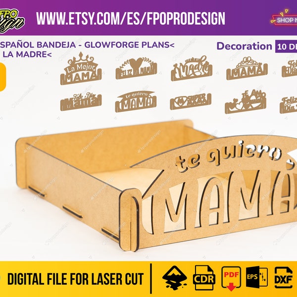 Charola Día de la madre 10 diseños vector corte laser tipo bandeja para regalo chocolates dulces con frases de te amo día mamá svg eps