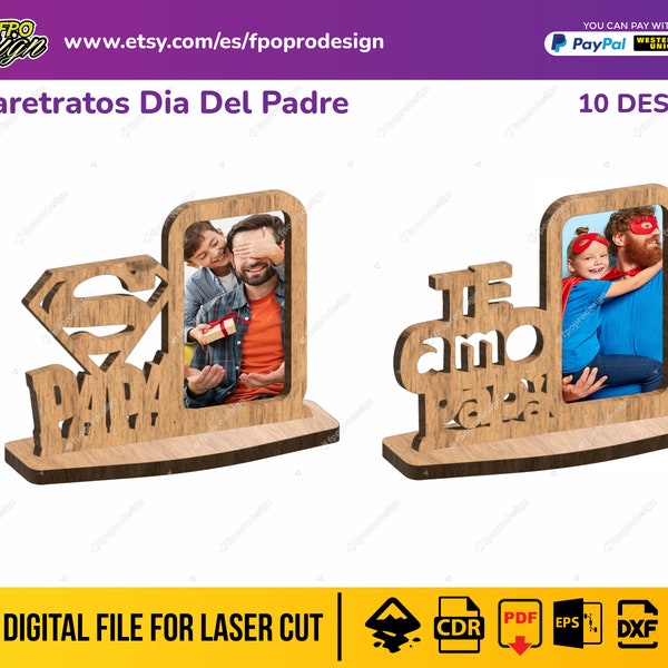 10 diseños Portarretratos día deL Padre 1 foto planos corte láser archivos svg feliz día mamá glowforge eps cdr ocaciones especiales