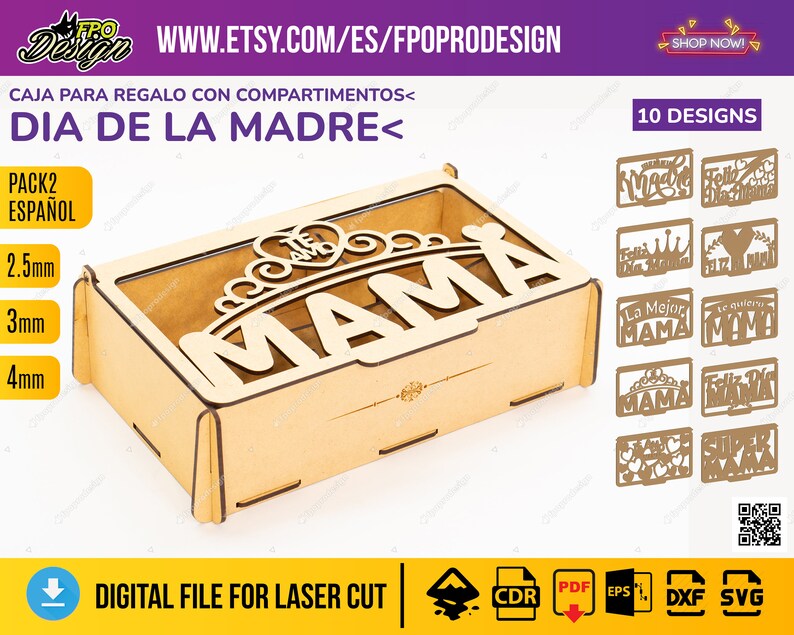 PK2-ES Día de la madre caja para cerveza español con compartimentos glowforge corte láser planos cnc espesor 2,5-3 y 4 mm, DXF CDR imagen 1