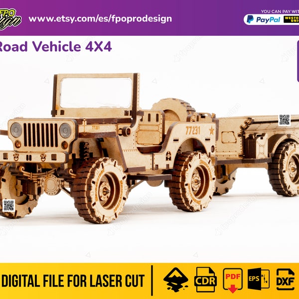 Off road war vehicle 4x4  files laser cut playwood wood mdf 3mm chipboard truck 3d model to assemble Laser Cut 3D Puzzle DIY png svg dfx
