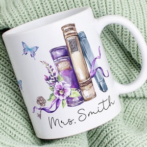 Personalized Floral Books Mug Favorite Bookshelf Coffee Mug Teacher Appreciation Librarian Bookworm Gift for Reader Book Lovers