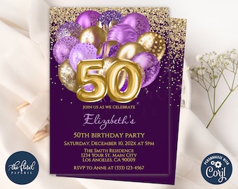 Purple and Gold Balloons Birthday Invitation Template, 50th Birthday Party Invites, Digital or Printed