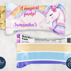 Modèle d&#39;emballage de licorne Rice Krispies, emballage de riz croustillant modifiable, étiquettes de régal imprimables Rice Krispies, cadeaux d&#39;anniversaire de licorne