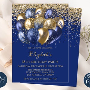 navy blue and gold birthday invitation template, editable balloons birthday party invites, adult birthday, printable birthday invitation