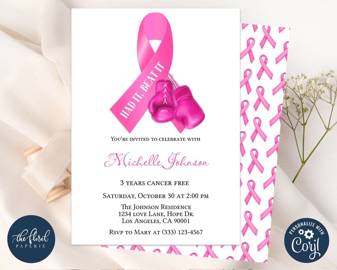 Breast Cancer Survivor Invitation Template, Editable Pink Ribbon ...