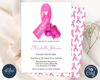 breast cancer survivor invitation template, editable pink ribbon invitation, printable breast cancer awareness invites, cancer free invites