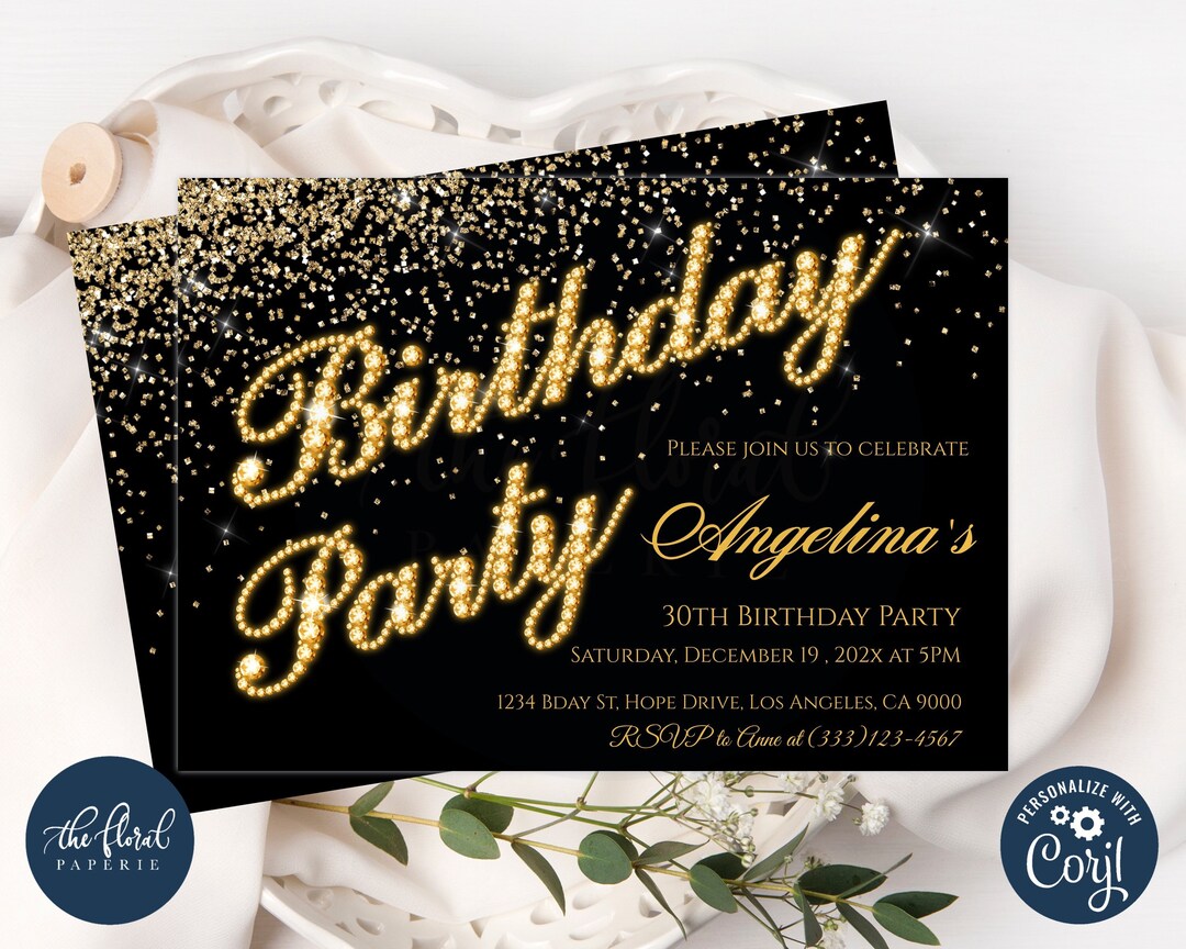 Black and Gold Birthday Party Invitation Template (editable) - Etsy