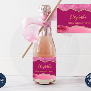 pink and gold mini champagne label template, editable wine bottle labels, printable wine bottle stickers, wine party favors, TFP06