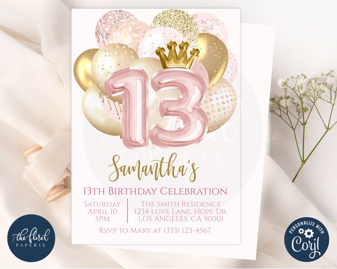 13th Birthday Invitation Template Editable Blush and Gold - Etsy