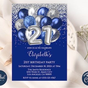 21st birthday invitation template, navy blue and silver birthday, editable balloons birthday party invites, adult party invite, 21 birthday