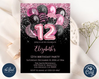 May include: Pink and black birthday party invitation with a glittery background. The number 12 is in pink and surrounded by balloons. The text reads "Join us as we celebrate Elizabeth's 12th Birthday Party".
