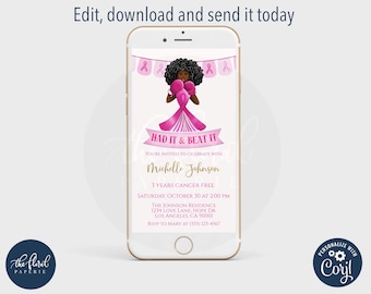 Plantilla de invitación para sobrevivientes de cáncer de mama, lazo rosa, invitación con texto editable (digital)