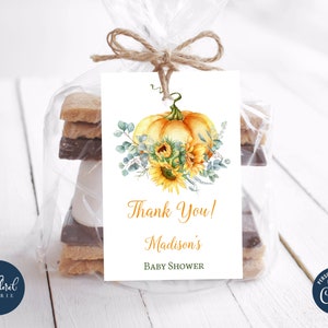 sunflower pumpkin favor tag template, editable pumpkin gift tags, thank you favor tags, personalized gift tags, treat bag tags TFP05