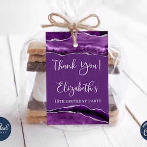 purple and silver birthday favor tags template, editable birthday gift tags, printable birthday labels, thank you tags, customized tag TFP23