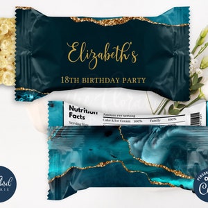 Modèle d&#39;emballage de riz krispies bleu sarcelle et or, emballage de riz croustillant modifiable, étiquettes imprimables de régal de riz krispies, cadeaux d&#39;anniversaire TFP35