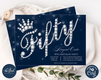 50th Birthday Invitation Template, Dark Blue Diamond Invites, Fifty Birthday Party, Digital or Printed