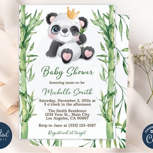 Panda babyshower uitnodigingssjabloon, bewerkbare babyshower uitnodigingen meisje, afdrukbare panda bamboe babyshower uitnodigingen, uitnodiging panda