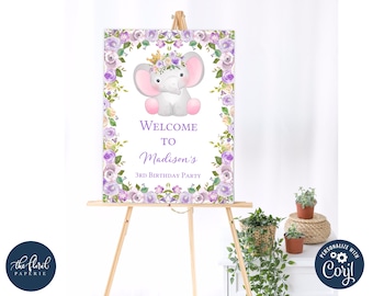 Elephant Birthday Welcome Sign Template, Girl Party Welcome Poster (Digital)