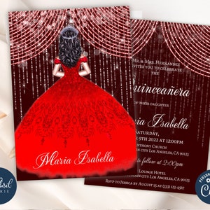 red quinceanera invitation template, editable 15th birthday invitations, fifteen birthday invites, red floral quince invites, mis quince