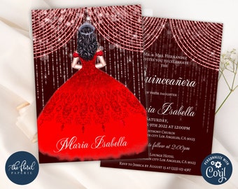 Red Quinceañera Invitation Template, Editable 15th Birthday Party Invites (Digital)