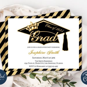 graduation party invitation template, editable black and gold graduation party invites, class of 2025, graduation celebration invites