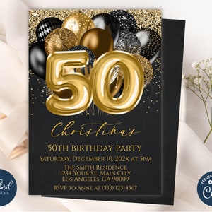 50th birthday invitation template, editable black and gold birthday invite, balloons birthday party invites, adult party invite, 50 birthday