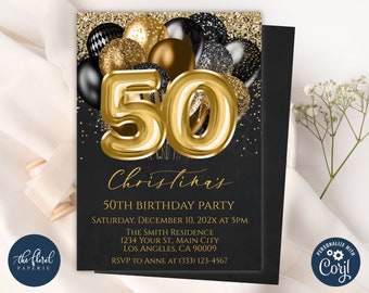 Black and Gold Balloons Invitation Template, Editable 50th Birthday Party Invites, Digital or Printed
