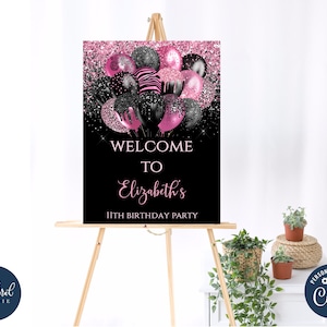Plantilla de letrero de bienvenida de cumpleaños en negro y rosa, póster de bienvenida de cumpleaños de princesa imprimible, cumpleaños de niños, decoración de fiesta de cumpleaños de niña