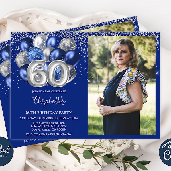 60th birthday invitation template, editable dark blue and silver birthday invite, adult party invite, sixty birthday invitation with photo