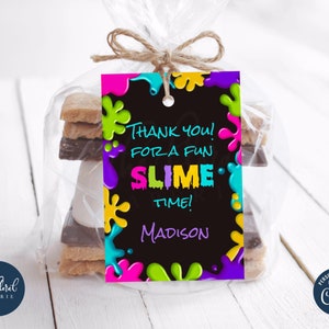 slime party favor tag template, slime party thank you tags, printable treat bag labels, summer party favors, slime birthday party gift tags