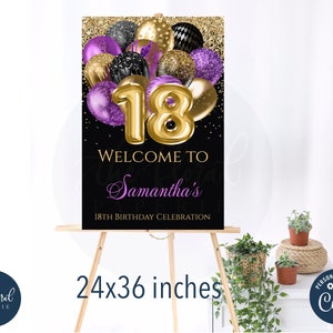 black purple and gold birthday Welcome Sign template, printable birthday welcome sign poster, purple and gold welcome sign TFP45