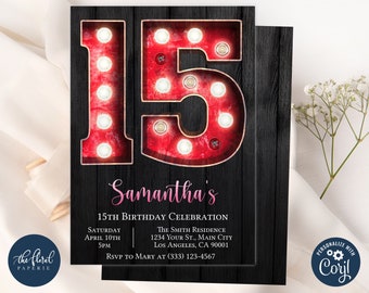 15th birthday invitation template, red and black birthday invites, marquee invitation, girl birthday invitation, fifteen birthday tfp26