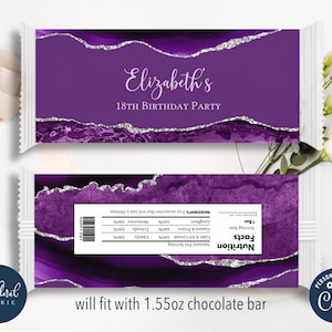 purple and silver chocolate wrapper template, editable candy bar wrapper, printable chocolate bar wrapper, chocolate bars party favors tfp23