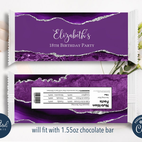 purple and silver chocolate wrapper template, editable candy bar wrapper, printable chocolate bar wrapper, chocolate bars party favors tfp23