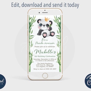 Modèle d'invitation de texte d'anniversaire de panda, invitation de texte modifiable de panda, invitation numérique d'anniversaire de fille, invitation de téléphone, invitations électroniques