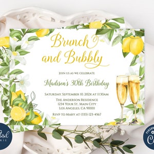 lemon brunch and bubbly invitation, lemon birthday invitation template, printable lemon themed birthday party invites, citrus invitation
