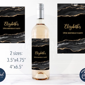 Black and Gold Agate Wine Label Template, Birthday Party Favor (Digital Download)