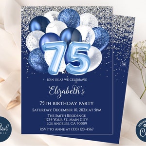 75th birthday invitation template, editable blue and white birthday invite, balloons birthday party invites, adult party invite, 75 birthday
