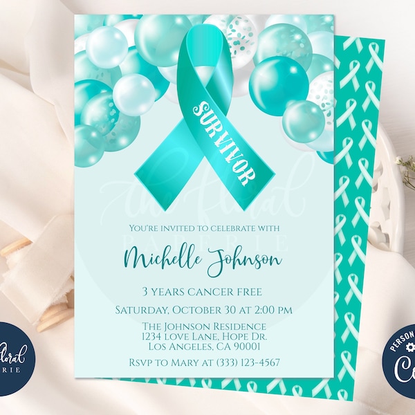 ovarian cancer survivor invitation template, editable teal ribbon invitation, printable ovarian cancer awareness invite, cancer free invites