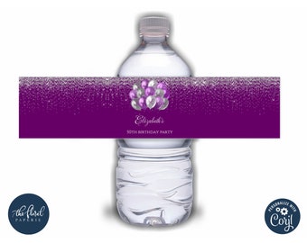 purple and silver water bottle label template, editable balloons water bottle wrap, printable birthday favor labels, water bottle labels