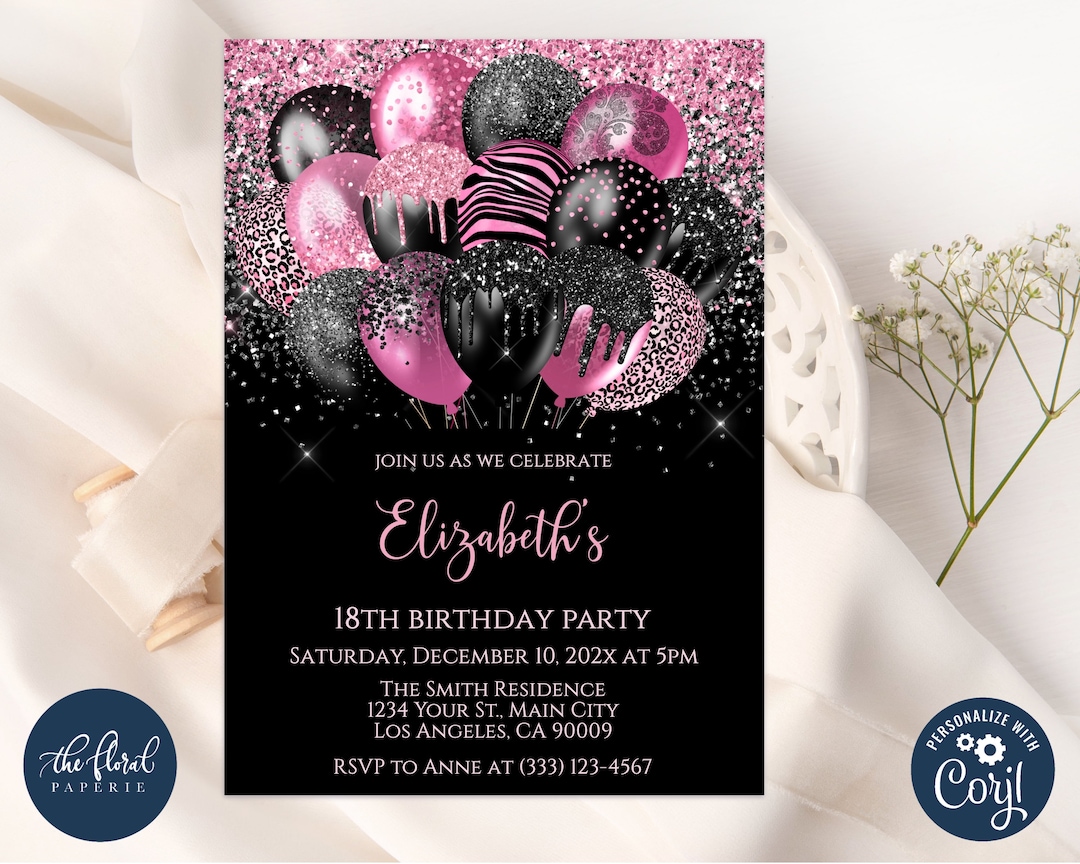 Black and Pink Birthday Invitation Template, Editable Girl Birthday ...