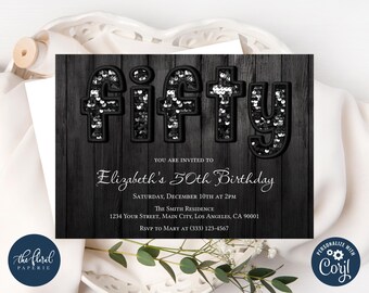 Sequin 50th Birthday Invitation Template, Fifty Black Birthday Party Invites, Digital or Printed