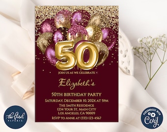 Burgundy and Gold Balloons Birthday Invitation Template, 50th Party Invites, Digital or Printed