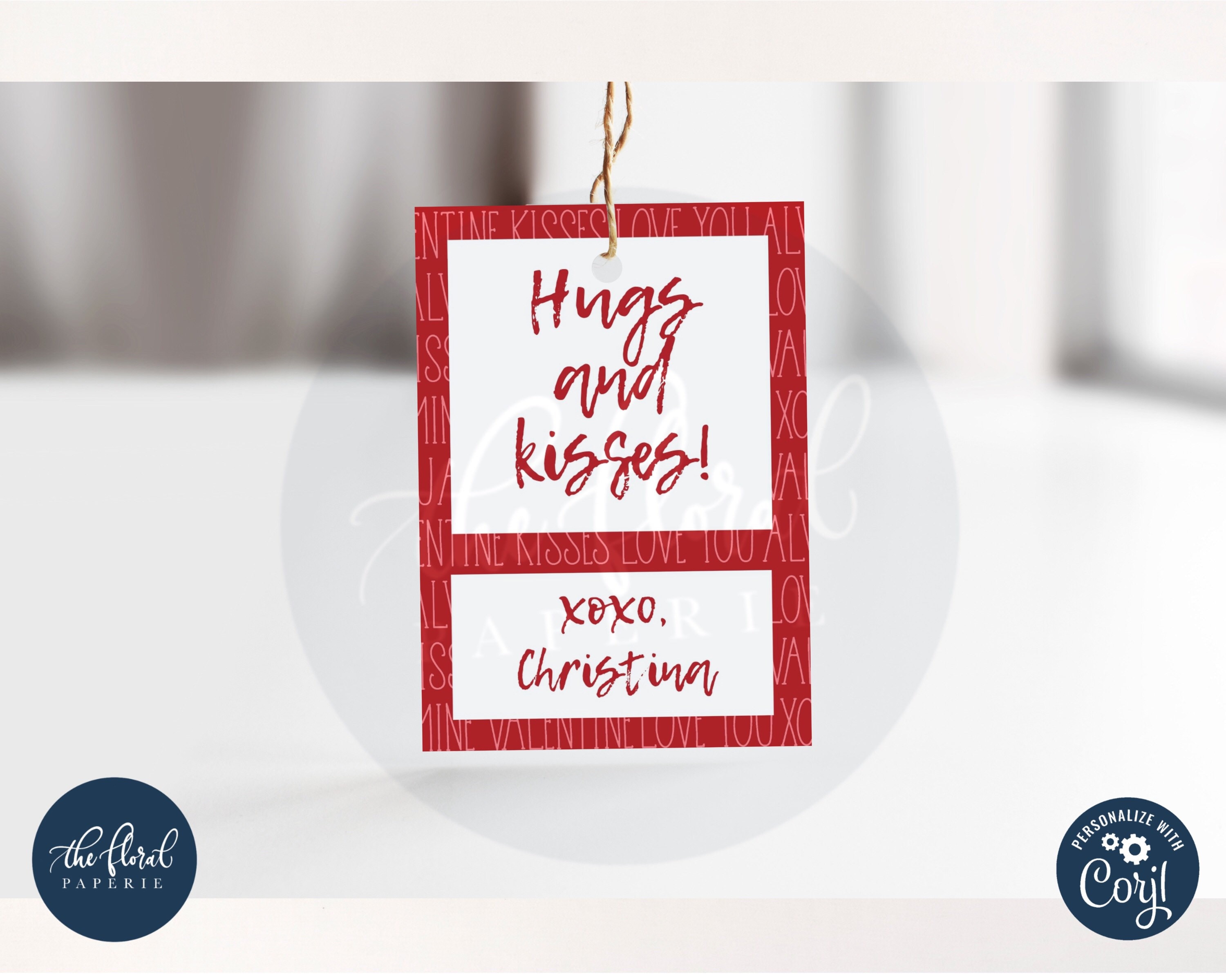 Valentine gift tag template hugs and kisses tag printable | Etsy