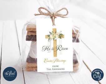 Easter Cross Gift Tag Template, He Is Risen Favor Tags (Digital Download)
